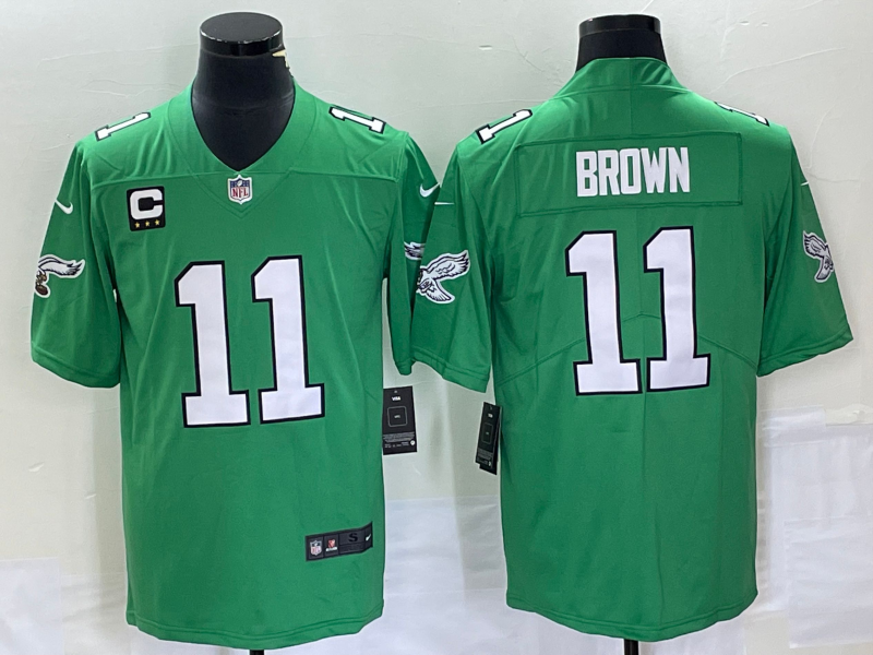 Men's Philadelphia Eagles #11 A. J. Brown Green With C Patch Stitched Football Jersey